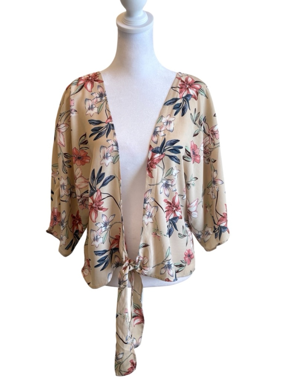Amaryllis Beige Floral Tie Front Kimono Cardigan Size L/XL